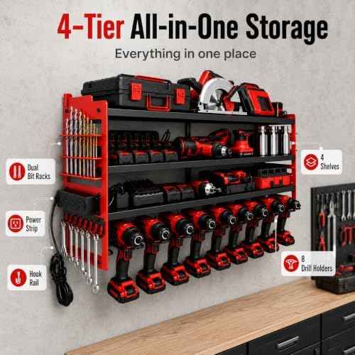 Power Tool Organizer Wall Mount, 600lbs Garage Storage Rack with Charging Station, 4 Layers Heavy Duty Battery Utility Rack With 4 Outlet Power Strip, 8 Cordless Drill Holder