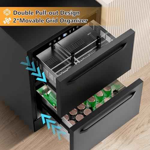 24 Inch Under Counter Dual Drawer Beverage Fridge, Weather Proof Outdoor Beverage Refrigerator for Patio, Stainless Steel Built-in Beverage Cooler for Home & Commercial Use, Black