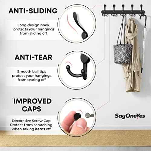 Coat Rack Wall Mount with 5 Tri Hooks – 16 Inch Stainless Steel Coat Hook Rack, Heavy Duty Wall Mounted Organizer for Coats, Hats, Towels, Robes, Bags, Scarves, Entryway, Bathroom - Black 2 Pack
