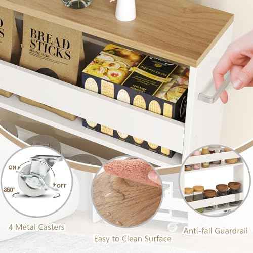Slim Rolling Storage Cart, 4 Tier Narrow Kitchen Cart with Wheels, Between Washer and Dryer Cart, Wood Shelving Unit Organizer w/Handle for Small Spaces (White & Natural, 5-Inch)