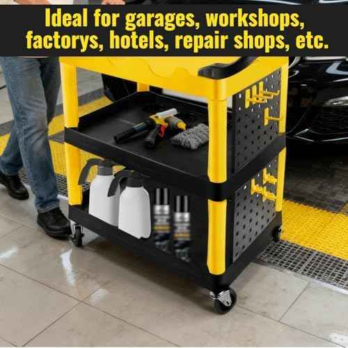 Auto Detailing Cart with Wheels, 3 Tier Car Detailing Cart with Hanging Boards & Hooks, Car Wash Rolling Organizer Cartfor Garage Workshop DIY Home