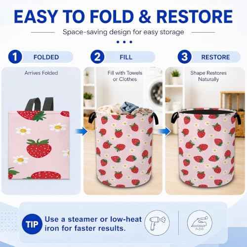 Strawberry Daisy Flower Laundry Hamper,Collapsible Laundry Baskets, Dirty Clothes Baskets with Handles,Oxford Cloth Hamper for Bedroom,Bathroom,Laundry Room,College Dorms,16"x20"