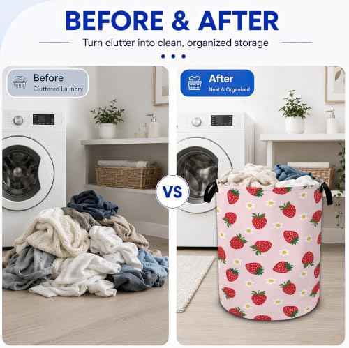 Strawberry Daisy Flower Laundry Hamper,Collapsible Laundry Baskets, Dirty Clothes Baskets with Handles,Oxford Cloth Hamper for Bedroom,Bathroom,Laundry Room,College Dorms,16"x20"