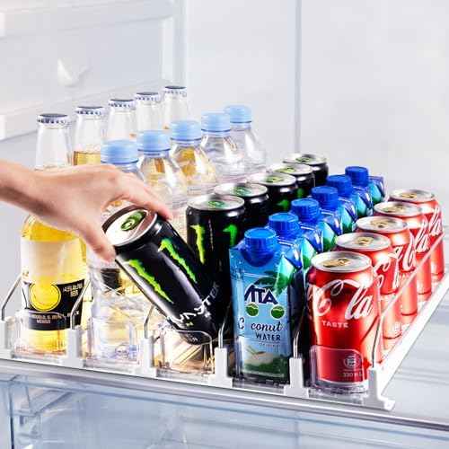 Coanto Drink Organizer for Fridge, Soda Can Organizer for Refrigerator with Automatic Pusher Glide, Adjustable Width Drink Dispenser for Fridge, Holds up to 25 Cans or Bottles, 5 Row
