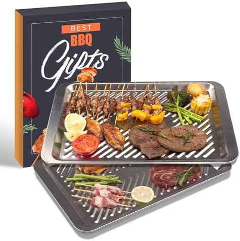 Grilling Prep and Serve Trays, Set of 2 Stackable Stainless Steel BBQ Tray, Standard Marinating Container, Serving Platter for Plating Food, BBQ Prep Tub for Marinating Meats, Grill Accessories