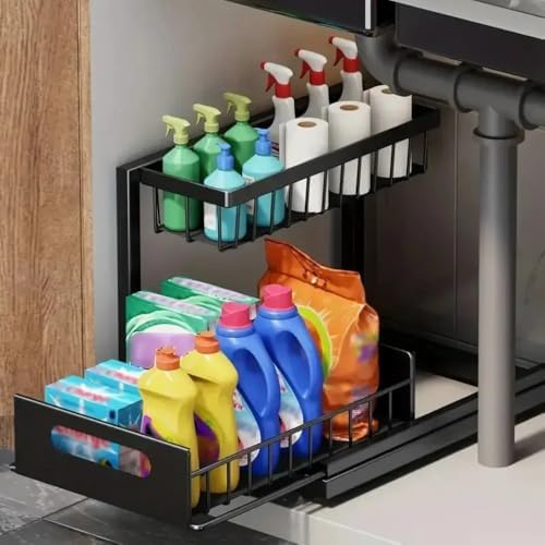 Under Sink Organizer with Sliding Drawer, Pull Out Wire Basket for Kitchen or Bathroom Cabinet Storage Under Sink Organizer Pull Out Wire Basket Sliding Drawer