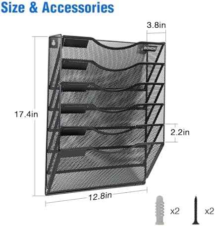BOHDK Wall File Organizer, 6 Tier Hanging File Folder Mail Organizer, Vertical Mesh Metal Wall Mount Hanging File Holder, Paper Document Magazine Rack for Home Office Black
