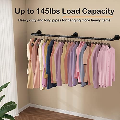 Wall Mounted Clothes Rack, 60in Industrial Pipe Clothing Rack for Hanging Clothes, Heavy Duty Garment Rack Wall, Space-Saving Bar, Multi-Purpose Hanging Rod for Laundry Room, Bedroom, 1 Pack