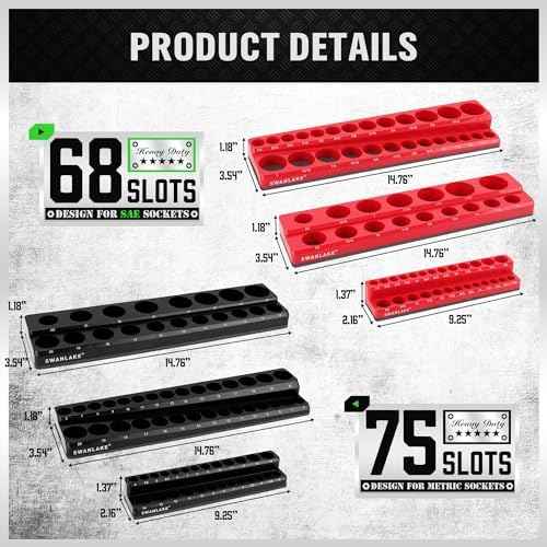 6-piece Magnetic Socket Organizer Set, Metric & SAE Drive Socket Holder, Includes 1/4", 3/8", 1/2", Holds 143 Pieces Magnetic Trays Red Black