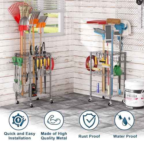 T1 Garden Tool Organizer（with Lockable Wheels） Heavy Duty Garage Tool Storage for Yard，Shed，Outdoor and Lawn，Freestanding Tool Organizers and Storage UP to 50 Tools，Grey with Anti-Tip Device