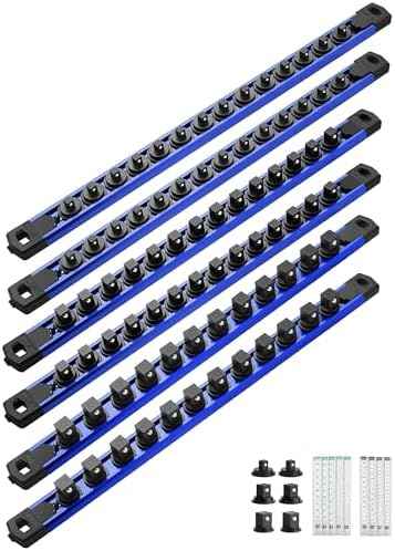 ALOANES Magnetic Socket Organizer Set, 6PC Heavy Duty Aluminum Socket Holder Organizer, 360° Swivel Clips Socket Holder Kit for Toolbox Drawer Fit 1/2, 3/8, 1/4-Inch x 80 Clips (Blue, 6PC)