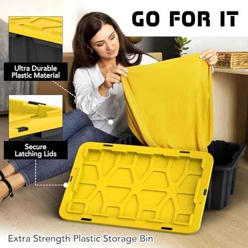 8 PACK of 12 Gallon Medium Black & Yellow Storage Bins | Plastic Tote Organizing Container with Secure Latching Lids, Stackable, Extra Strength with Built in Handle | 24.5" x 16.5" x 9"
