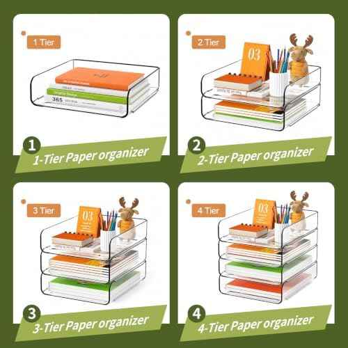 FANXIYQ 4-Tier Acrylic Paper Tray Organizer, Clear Stackable Desk File Organizer for Documents, Files, Letters, A4 Paper, Books, Notes, Mail & Paper Storage, Office Classroom Home