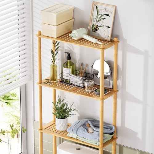 AmazerBath Bamboo Over The Toilet Storage Shelf, 3-Tier Bathroom Over Toilet Organizer Rack, Freestanding Above Toilet Shelf for Bathroom, Laundry, Space Saver, Natural Color