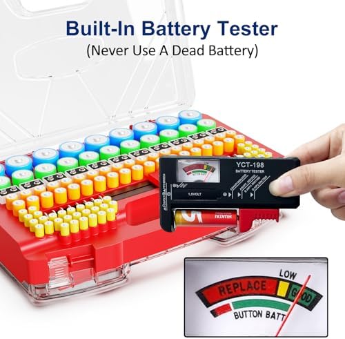 Battery Organizer Storage Holder Box Case with Tester - 285 Batteries Double-Sided Variety Pack, Holds AA AAA 4A C D Cell 9V 3V Lithium LR44 CR2 CR123 CR1632 18650 Button (Batteries Not Included)