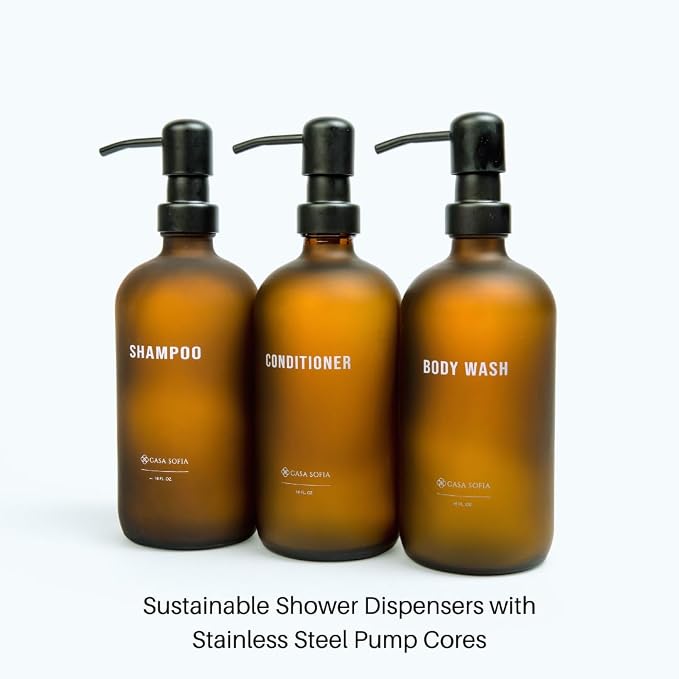 Frosted Amber Glass Shampoo and Conditioner Dispenser Set – Refillable 16 OZ - Image 6
