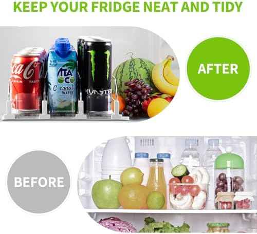 Coanto Drink Organizer for Fridge, Soda Can Organizer for Refrigerator with Automatic Pusher Glide, Adjustable Width Drink Dispenser for Fridge, Holds up to 15 Cans or Bottles, 3 Row