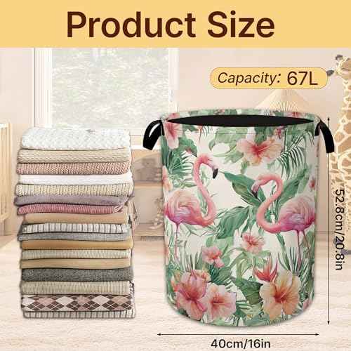Collapsible Laundry Basket,Flamingo Pink Waterproof Oxford Cloth Hamper with Handles,Plam Floral 16 x 20.8 Inch Portable Storage Organizer for Laundry Room Bedroom
