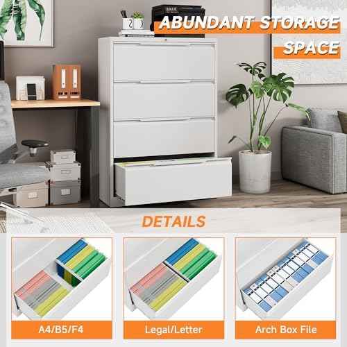 File Cabinet, 4 Drawer Metal File Cabinet with Lock, Lateral File Cabinet for Home and Office, Lateral File Cabinet for A4 Legal/Letter Size, Assembly Required (White, 4 Drawer)