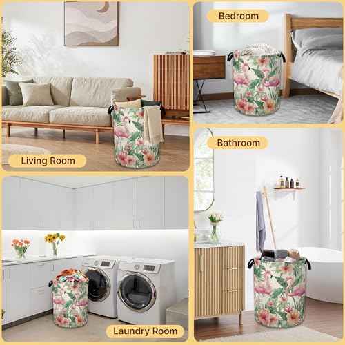 Collapsible Laundry Basket,Flamingo Pink Waterproof Oxford Cloth Hamper with Handles,Plam Floral 16 x 20.8 Inch Portable Storage Organizer for Laundry Room Bedroom