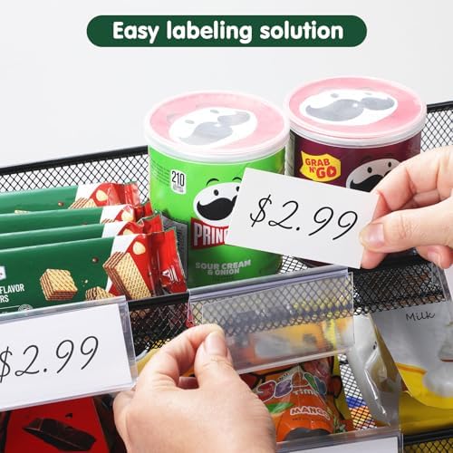 4-Tier Black Stackable Candy Display Rack, Snack Organizer for Countertop, Stores, Offices with 24 Signs and 60 Labels（Metal Mesh Plate） (Black-2 Pack)