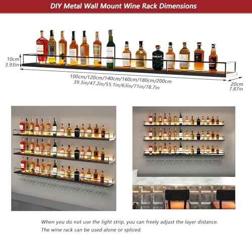 Metal Wall Mounted Wine Rack with LED Light, 3 Tiers Liquor Bottles Floating Shelves with Glass Holder, Wine Shelf Industrial Bar Shelves for Home Bar Dining (Black, 120cm/47.2in)