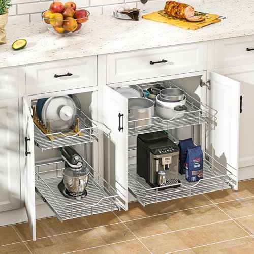 WelFurGeer 2-Tier Kitchen Cabinet Pullout Shelf and Drawer Organizer, Soft Close Pantry Pull Out Shelves, Heavy Duty Pull Out Cabinet Organizer with Shelf Liner for Kitchen Cabinets, Pantry Storage