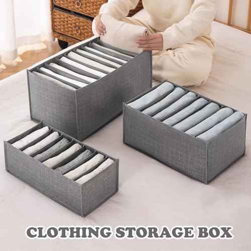 6 PACK Jeans Organizers for Closet, Foldable Wardrobe Clothes Organizer, Stackable Closet Clothes Drawer Organizer Tshirts with 7 Grids for Leggings, Sweater, Jean, Pants, Grey