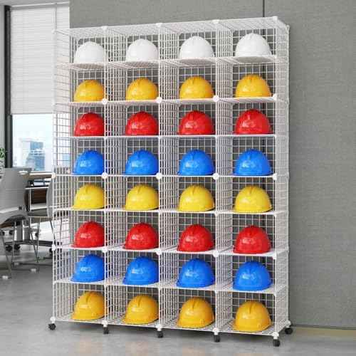 Stackable Hard Hat Storage Rack, White Iron Wire - 32 Grids