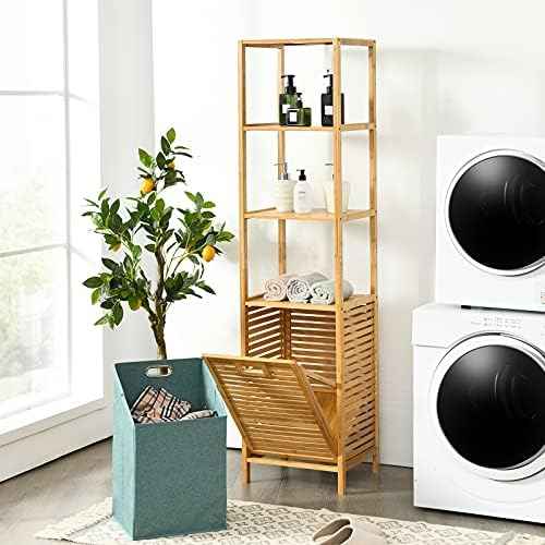4 Tier Bamboo Shelves with Tilt Out Laundry Hamper, Freestanding Storage Shelf with Laundry Basket, Tower Hamper Organizer for Laundry Room, Bathroom, Bedroom, Natural
