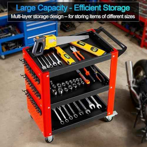 3-Tier Rolling Tool Cart with Pegboard, 1000LBS Load 2 Lockable Casters