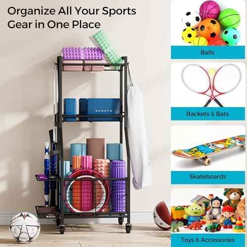Sports Equipment Storage Rack with Wheels, 3-Tier Ball Organizer