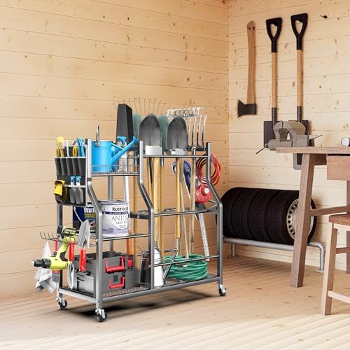 36" Large Garden Tool Organizer with Wheels & Side Tool Bag, 3 Tier Rolling Garage Storage Rack for Long Handled Rakes, Shovels, Brooms, Freestanding Yard Tools Cart for Shed & Outdoors