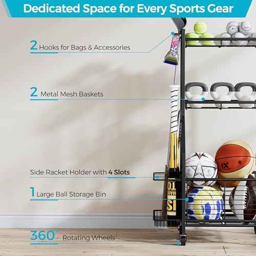 Sports Equipment Storage Rack with Wheels, 3-Tier Ball Organizer