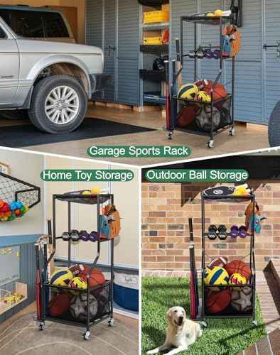 EXTCCT Garage Sports Equipment Organizer, Rolling Ball Storage Cart