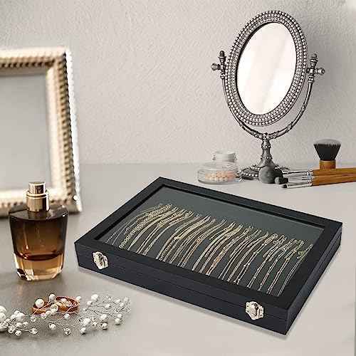 Necklace Organizer Box with Clear Lid Velvet Tray for Jewelry Storage Display Case, 20 Hooks Glass Top Drawer Insert Necklaces Pendants Dustproof Necklace Jewelry Box Organizer & Tray (Black)