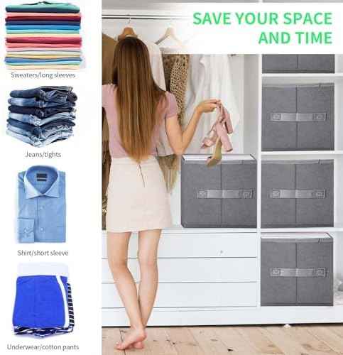 6 PACK Jeans Organizers for Closet, Foldable Wardrobe Clothes Organizer, Stackable Closet Clothes Drawer Organizer Tshirts with 7 Grids for Leggings, Sweater, Jean, Pants, Grey