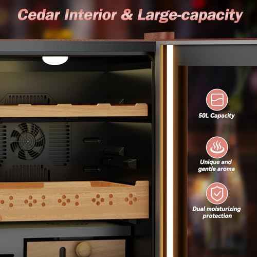 Cigar Humidor with Leather-50L Cooling & Heating Electric Humidor Cabinet, Smart Touch Control Humidity & Temper, Cigar Humidors wtih Spanish Cedar Wood, Digital Display, Safety Lock,Gift for Men