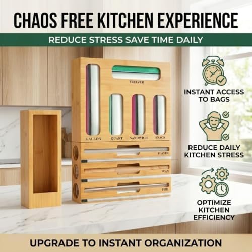 9 in 1 Bamboo Storage Bag Organizer for Kitchen Drawer, Bamboo Kitchen Drawer Organizer with Cutter, Foil and Plastic Wrap Dispenser, Ideal Storage for Gallon, Quart, Sandwich and Snack Bags