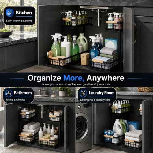 Under Sink Organizer 2 Pack, Double Slide Out Metal Shelf, Black
