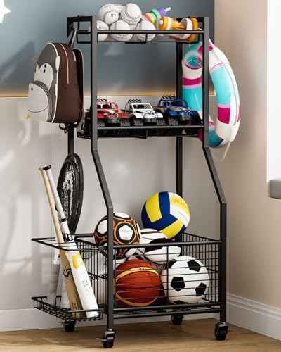 Sports Equipment Storage Rack with Wheels, 3-Tier Ball Organizer