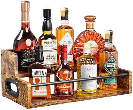 KLM Liquor Bottle Display Shelf, Coffee Syrup Rack Organizer, 2 Step Countertop Liquor Wine Rack, mini bar,Liquor Cabinet, Home Retro Bar Shelf Stand for Liquor Whiskey, Spirits, Brown