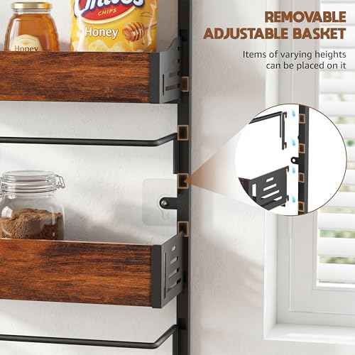 Over The Door Pantry Organizer, 8 Tier Spice Rack with Adjustable Wooden Basket, 2 IN 1 Wall Mount or Hanging Seasoning Organizer, Heavy-Duty Pantry Door Storage Shelf for Kitchen, Laundry Room