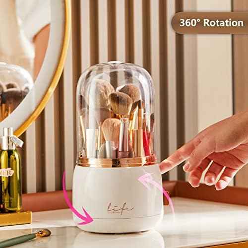 Makeup Brush Holder Organizer with Lid, Rotating Dustproof Make Up Brushes Organizer with Clear Acrylic Cover for Vanity Desktop Bathroom Countertop (white)