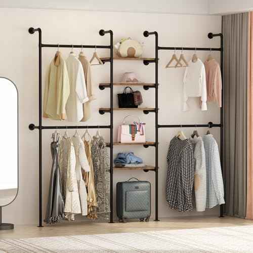 Industrial Pipe Clothing Racks with 5 Shelves, Wall Mounted Clothes Rack for Hanging Clothes, Black Wall Clothing Rack, Heavy Duty Clothes Rack for Walk in Closet, Laundry Room
