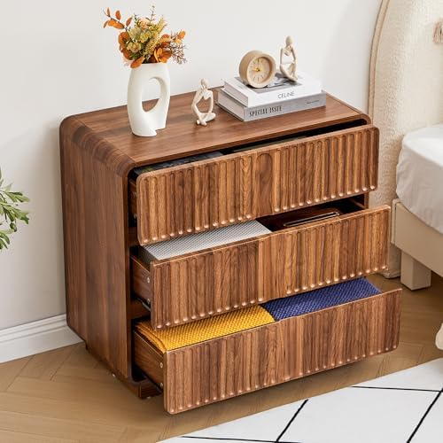 Fluted 3 Drawer Dresser, Walnut, 31.5" Wide, Mid Century Modern
