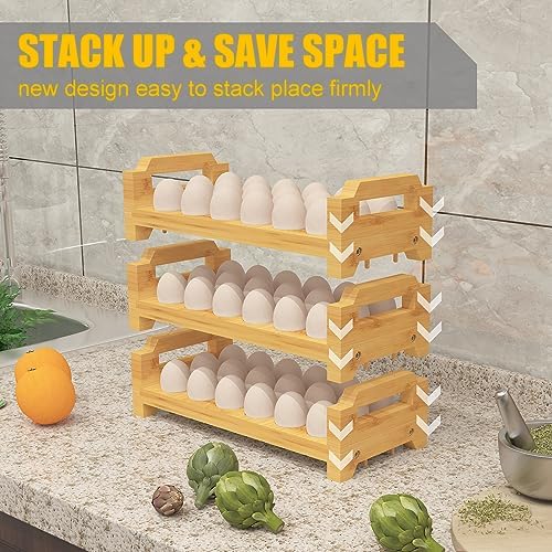 Bamboo Egg Holder Countertop - Stackable Design for Fresh Eggs, Farmhouse Egg Tray Storage Display Rack, Kitchen Counter Top Organizer Wooden Egg Stand, Fits Quail, Duck, Turkey, Chicken Eggs (Modern)