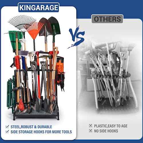 Garden Tool Organizer, Yard Tools Rack Holds 55 Long-Handled Tools/Rakes/Brooms for Garage Organization and Storage, Shed, Outdoor, Lawn, Heavy-Duty Steel, Black, Easy Assembly
