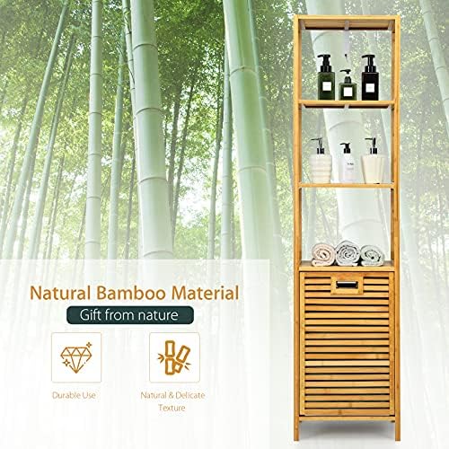 4 Tier Bamboo Shelves with Tilt Out Laundry Hamper, Freestanding Storage Shelf with Laundry Basket, Tower Hamper Organizer for Laundry Room, Bathroom, Bedroom, Natural