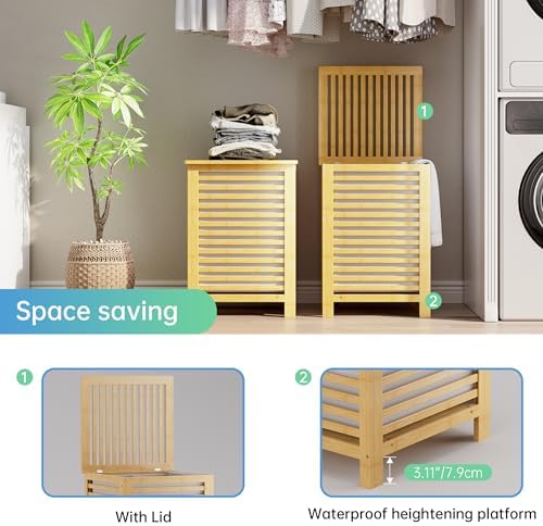 SMIBUY Double Laundry Hamper with Lid, 120L Bamboo Laundry Basket with Removable Liner Bag, 2-Section Clothes Divider Laundry Sorter for Laundry Room, Bathroom, Bedroom (Natural)